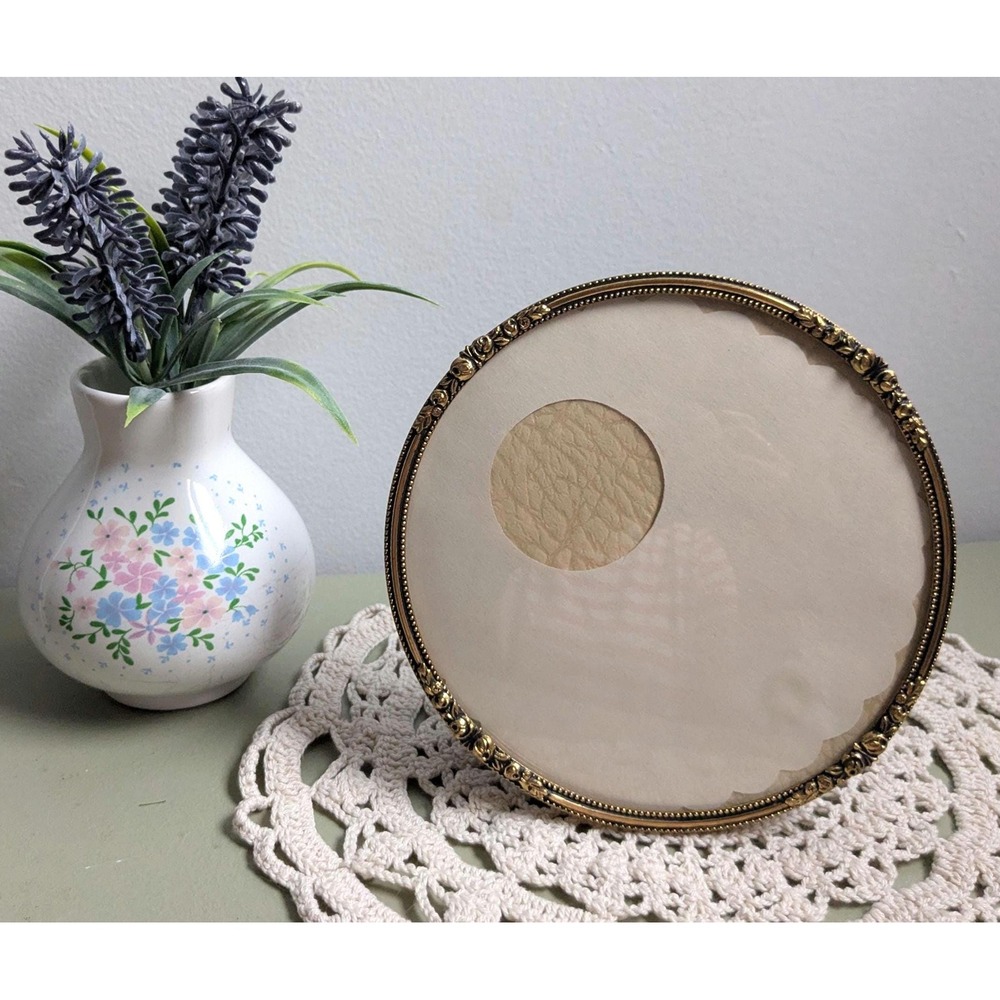 Vintage ML Rammen Denmark Round Brass Picture Frame Convex Glass Floral Roses